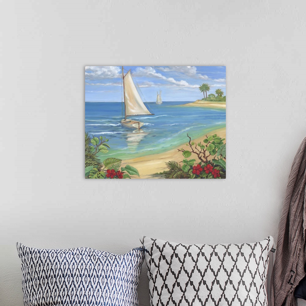 A bohemian room featuring Painting of a sailboat in the ocean by a tropical beach.