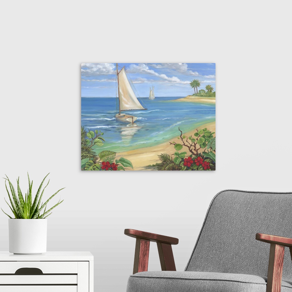 A modern room featuring Painting of a sailboat in the ocean by a tropical beach.