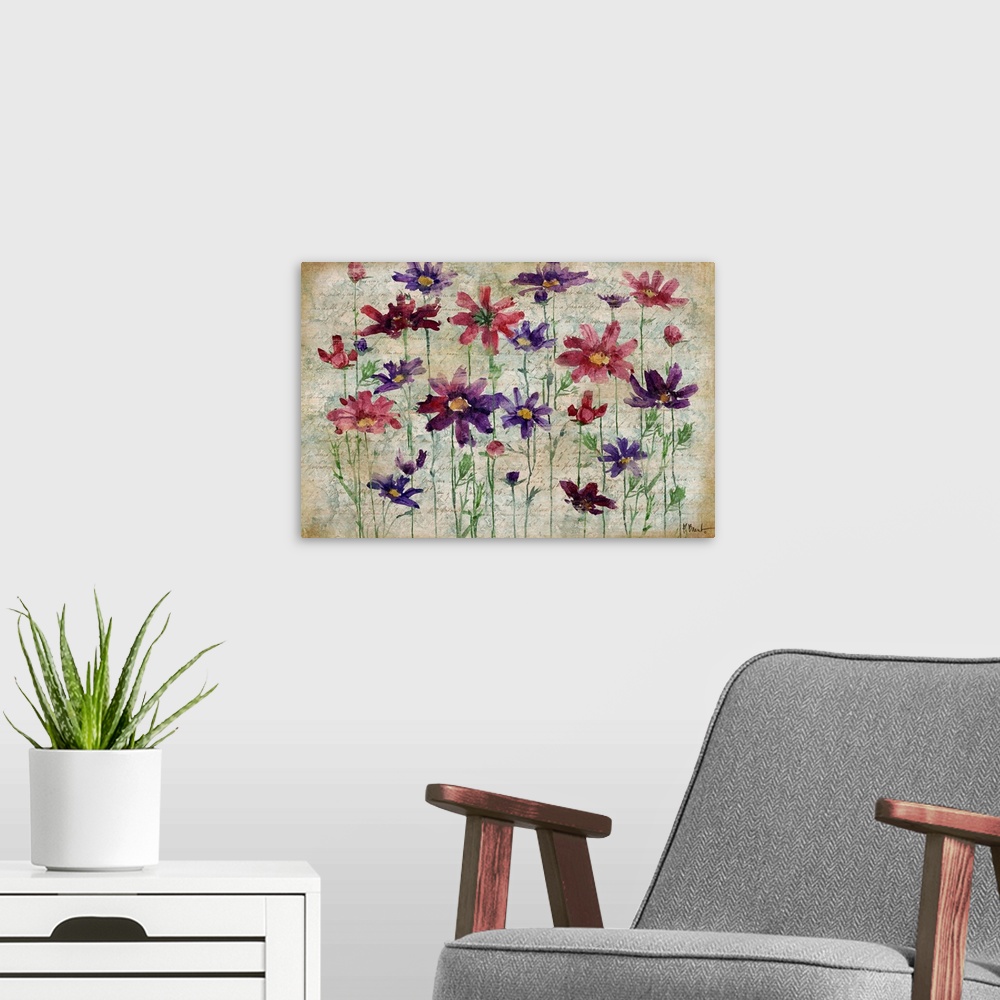 A modern room featuring Painting of daisies of varying colors on a textured background.