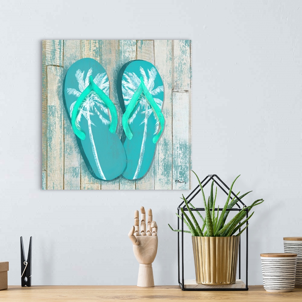 A bohemian room featuring Flip flops on a wooden background.