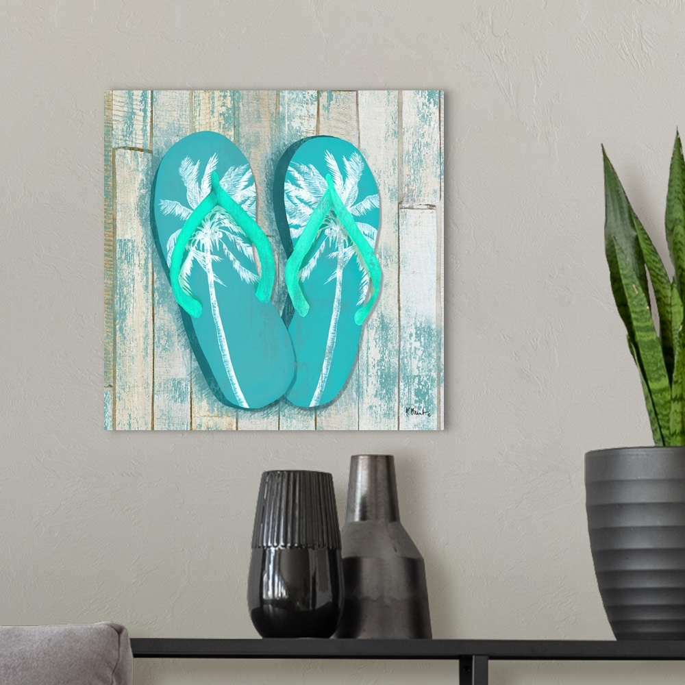 A modern room featuring Flip flops on a wooden background.
