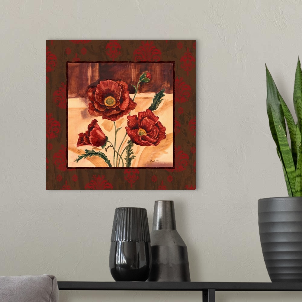 A modern room featuring Square painting of three poppies with a border of damask-style flowers.