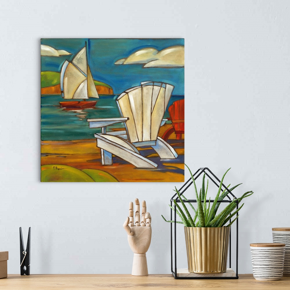 A bohemian room featuring Stylized painting of a beach with a sailboat and an adirondack chair.