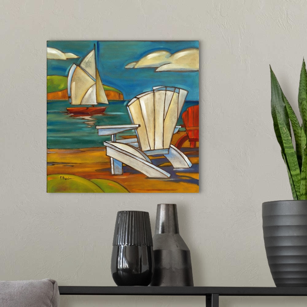 A modern room featuring Stylized painting of a beach with a sailboat and an adirondack chair.