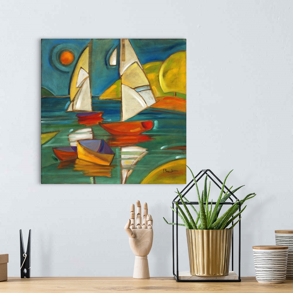 A bohemian room featuring Stylized painting of two sailboats on the water next to two smaller boats.