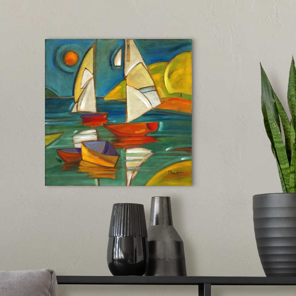 A modern room featuring Stylized painting of two sailboats on the water next to two smaller boats.