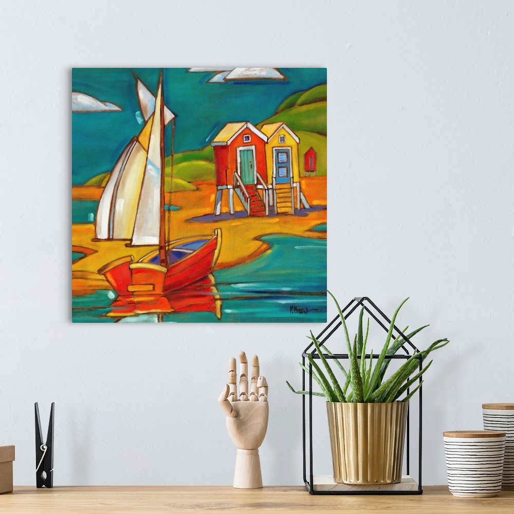 A bohemian room featuring Stylized painting of a beach with a sailboat and two beach huts.