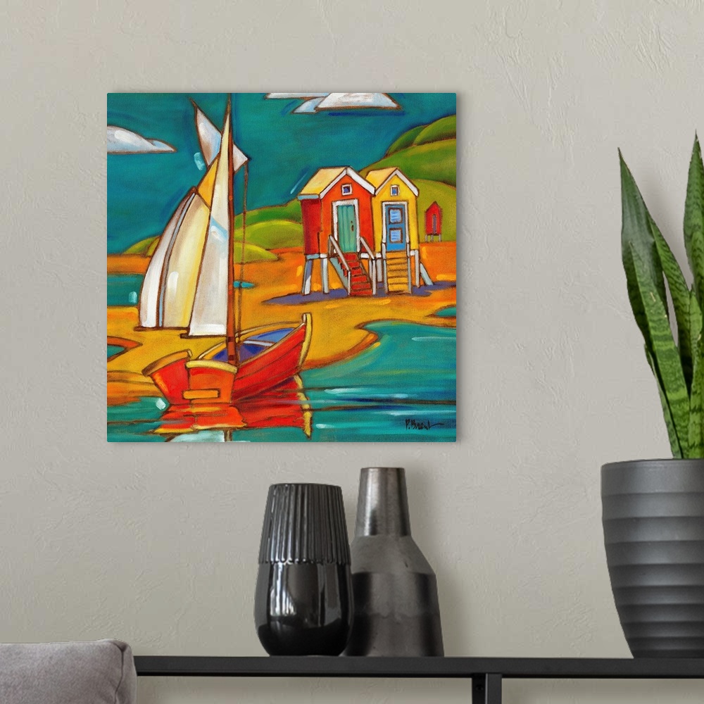 A modern room featuring Stylized painting of a beach with a sailboat and two beach huts.