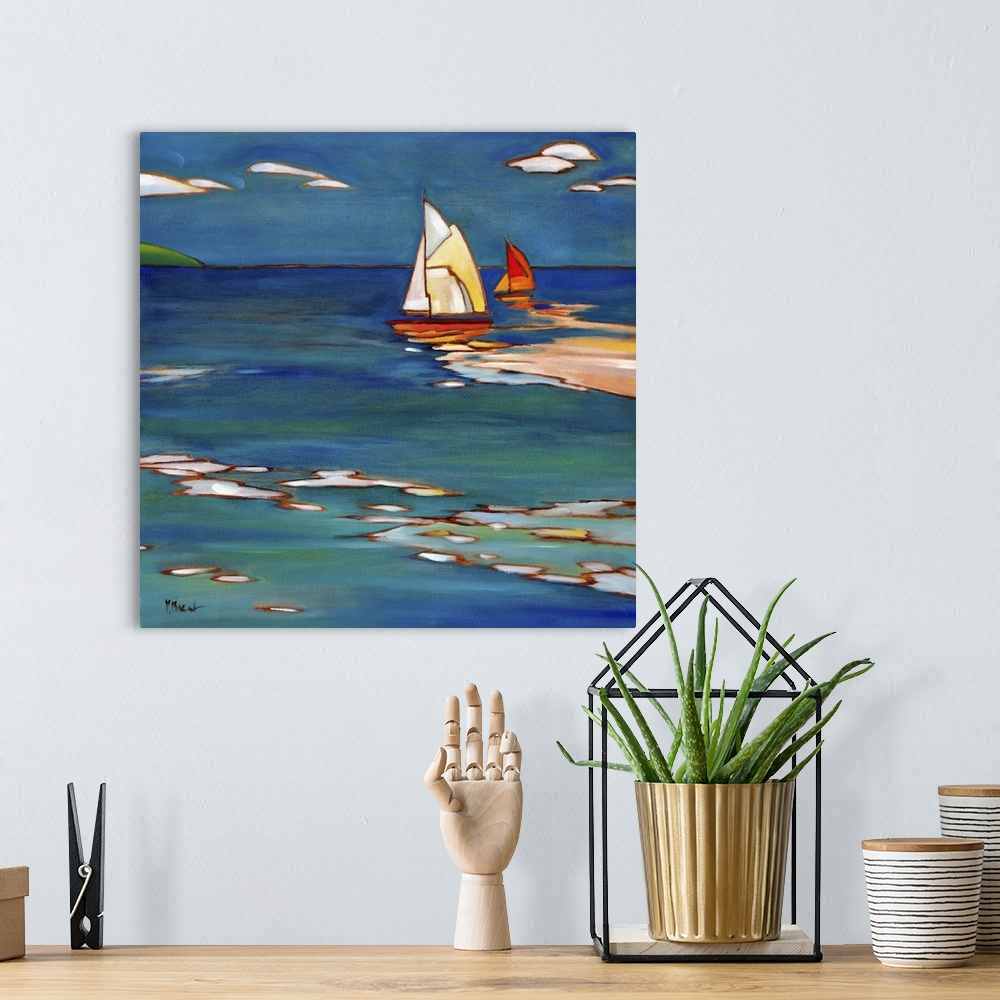 A bohemian room featuring Stylized painting of a beach with two sailboats and their reflections.