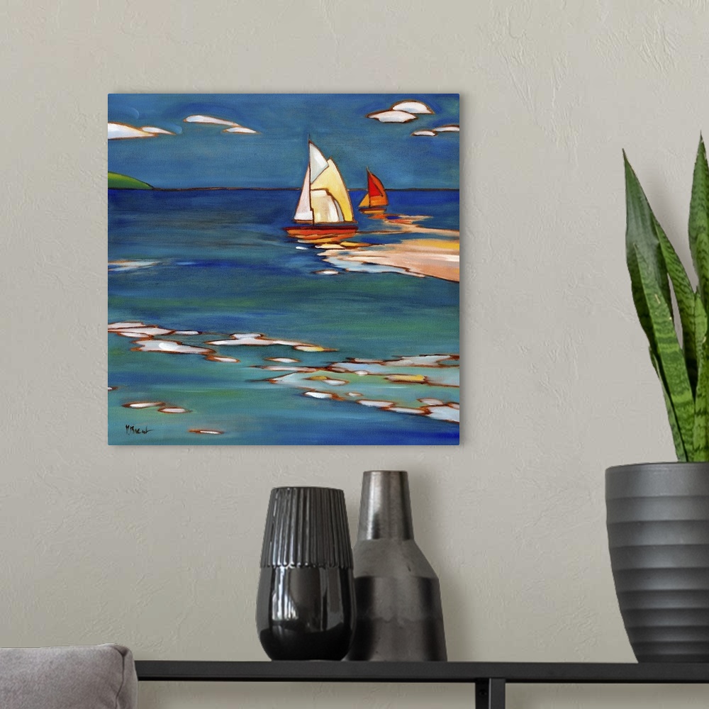 A modern room featuring Stylized painting of a beach with two sailboats and their reflections.