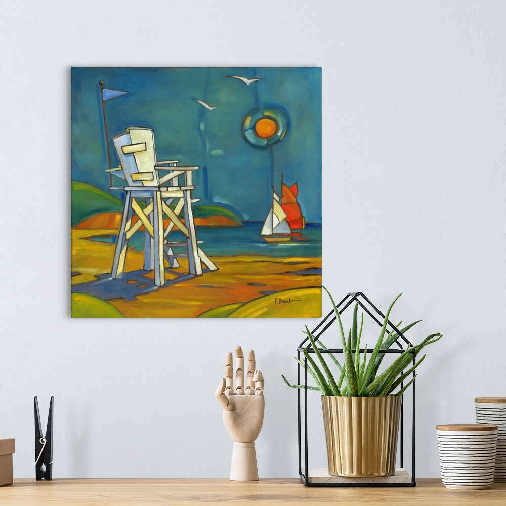 A bohemian room featuring Stylized painting of a beach with sailboats and a lifeguard stand.