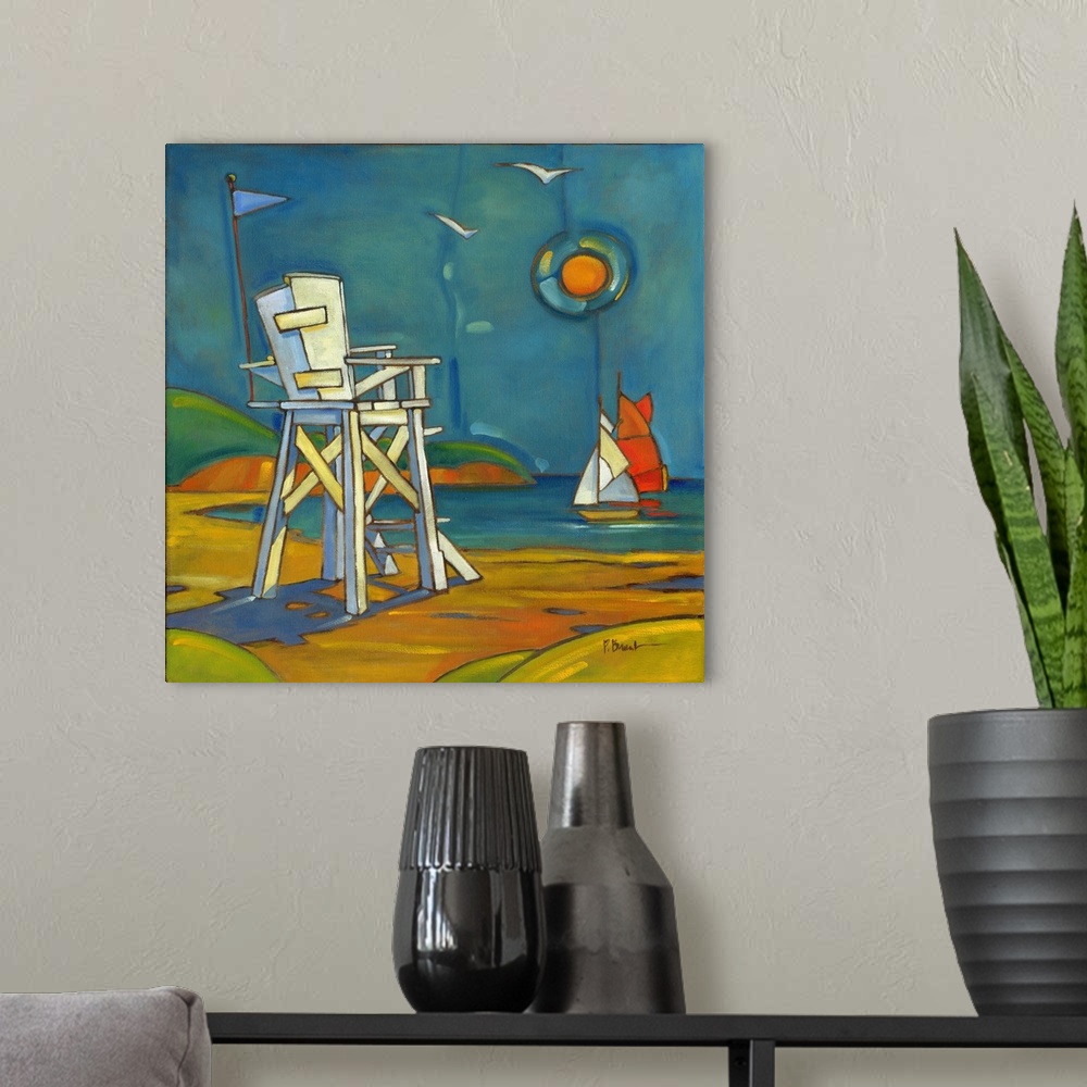 A modern room featuring Stylized painting of a beach with sailboats and a lifeguard stand.