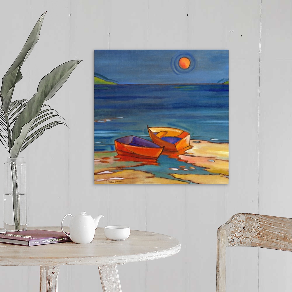 A farmhouse room featuring Stylized painting of a beach with two small boats on the shore under the sun.