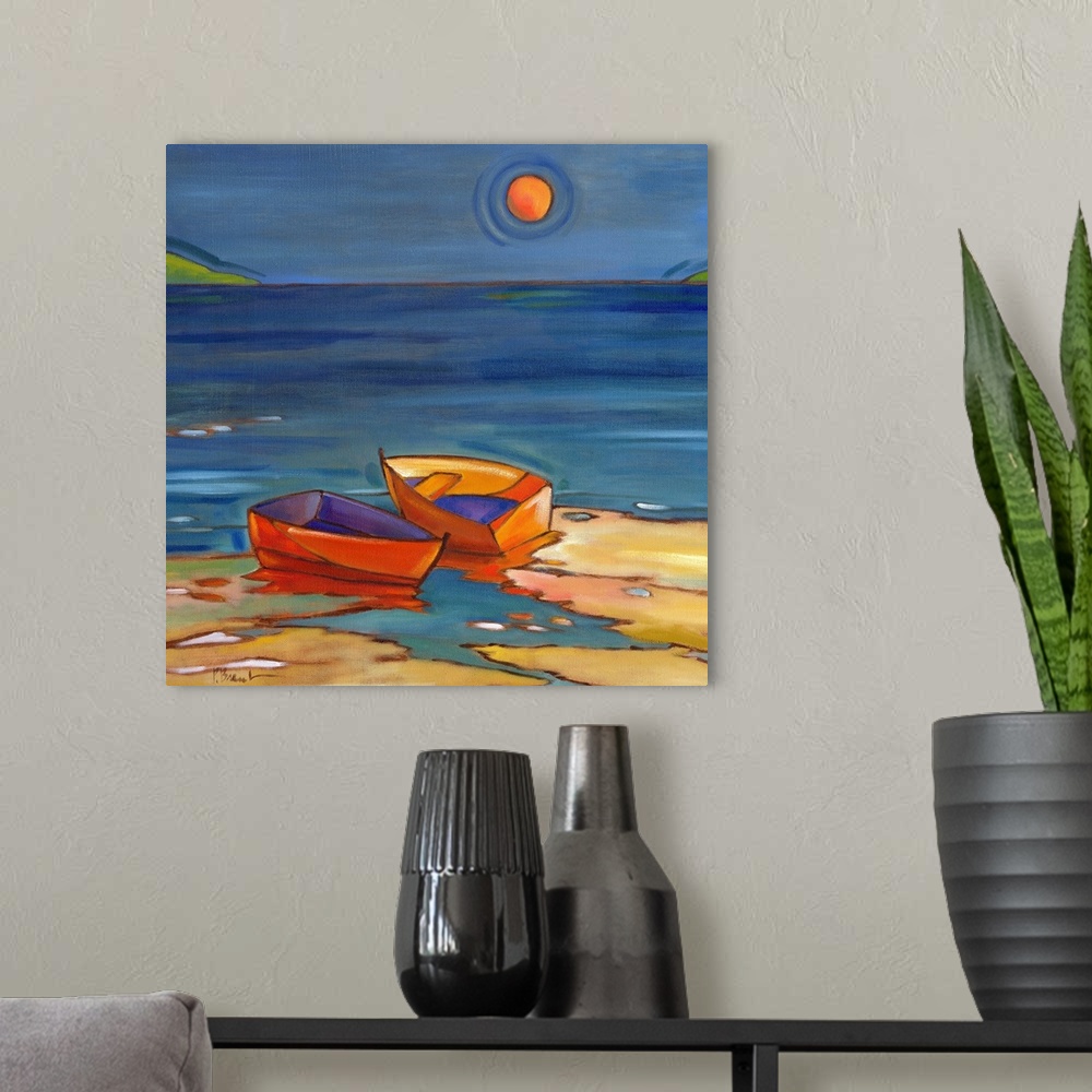 A modern room featuring Stylized painting of a beach with two small boats on the shore under the sun.
