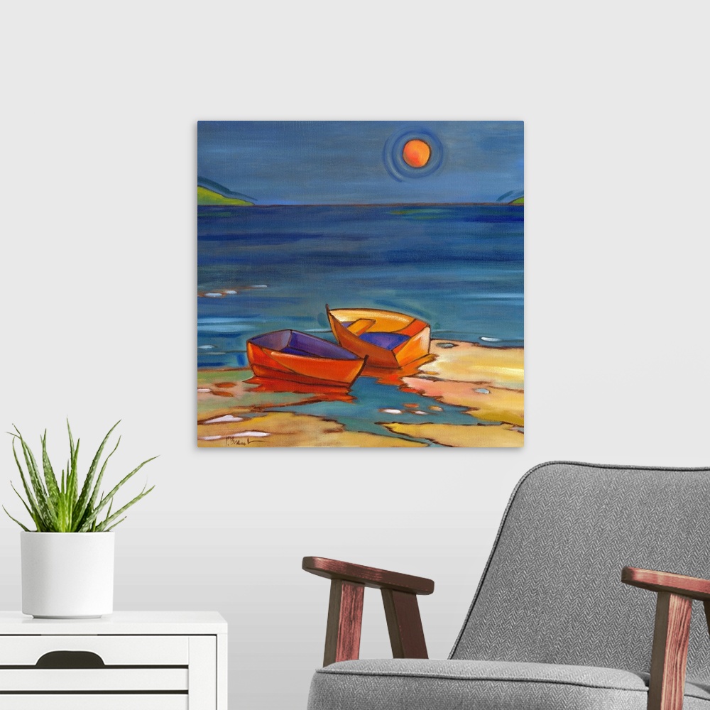 A modern room featuring Stylized painting of a beach with two small boats on the shore under the sun.
