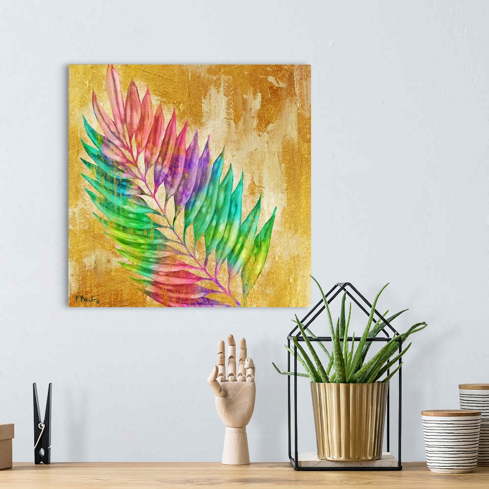 A bohemian room featuring Square decor with a multi-colored palm branch on a gold textured background.