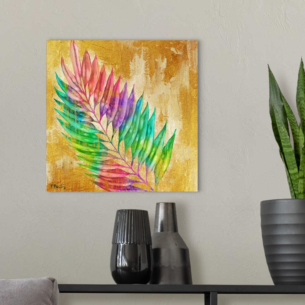 A modern room featuring Square decor with a multi-colored palm branch on a gold textured background.