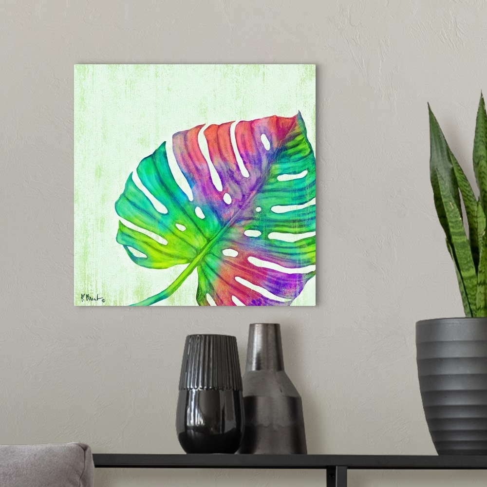 A modern room featuring Square decor with a multi-colored palm leaf on a white textured background with hints of green.