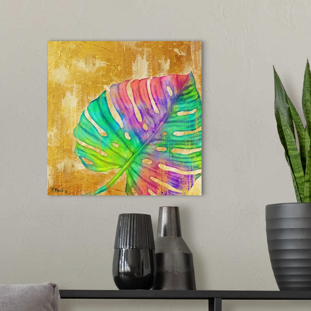 A modern room featuring Square decor with a multi-colored palm leaf on a gold textured background