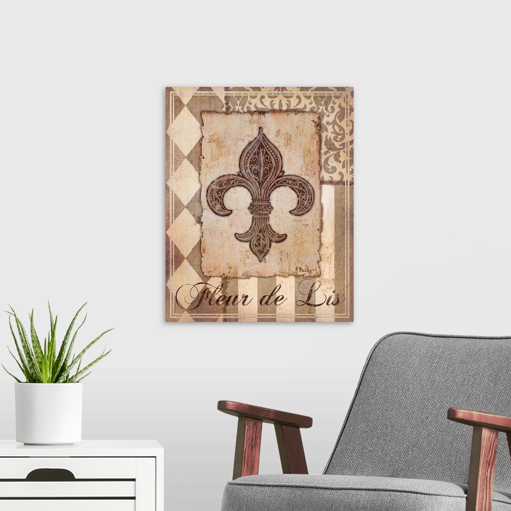 A modern room featuring Decorative sepia-toned artwork of a fleur de lis with vintage patterns.
