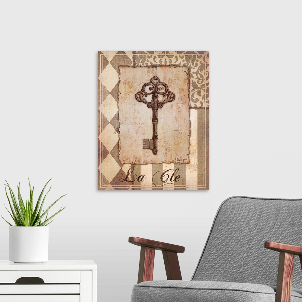 A modern room featuring Decorative sepia-toned artwork of a key with vintage patterns.