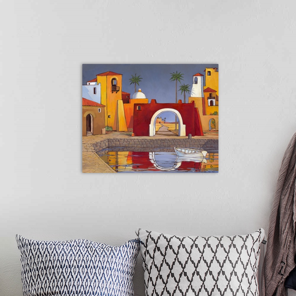 A bohemian room featuring Contemporary painting of a scene in Puerto del Mar with adobe buildings and a large archway.
