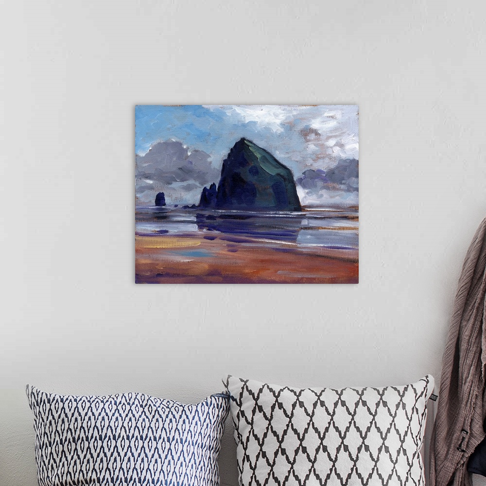 A bohemian room featuring Contemporary painting of a beach with a large rocky monument in the distance.