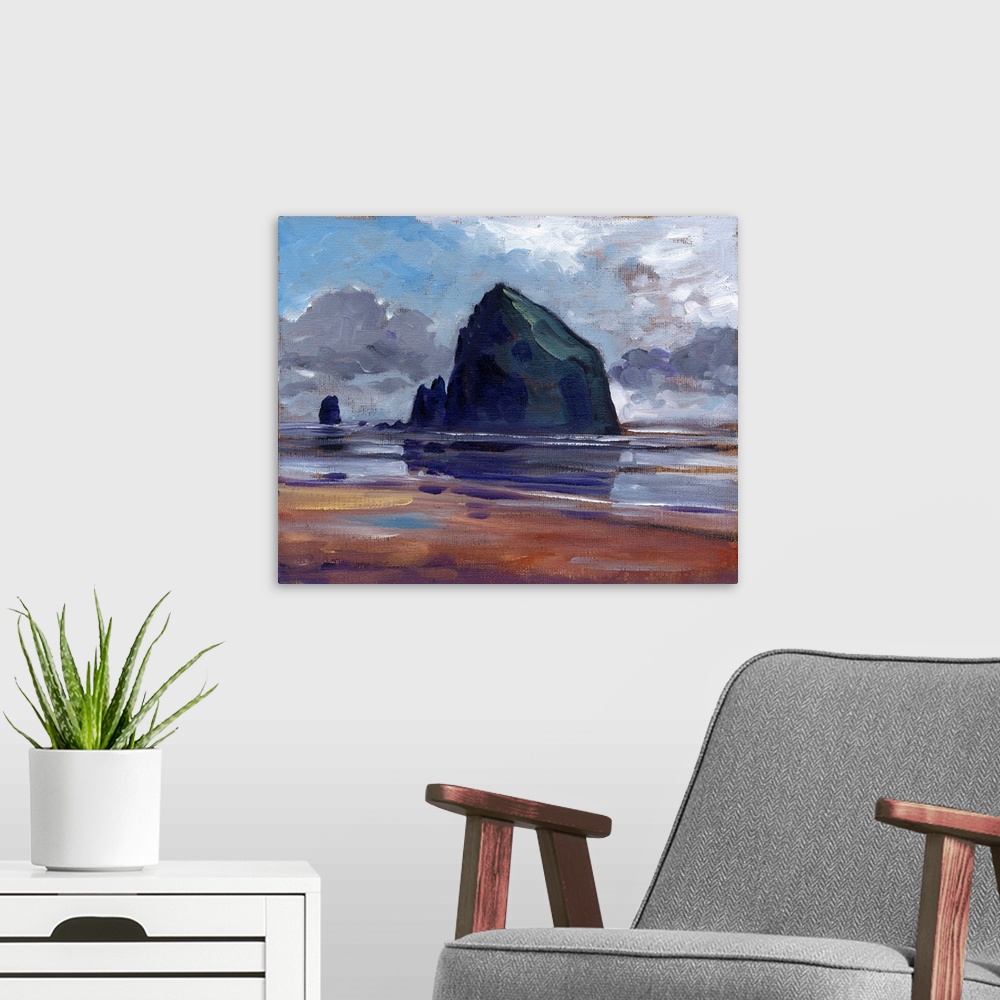 A modern room featuring Contemporary painting of a beach with a large rocky monument in the distance.