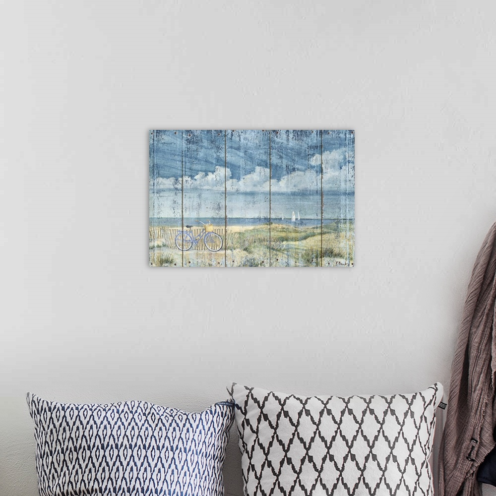 A bohemian room featuring Contemporary artwork of a beach scene with a bicycle resting against a fence on a textured panel ...