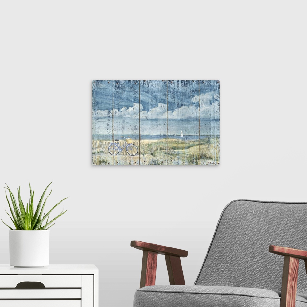 A modern room featuring Contemporary artwork of a beach scene with a bicycle resting against a fence on a textured panel ...