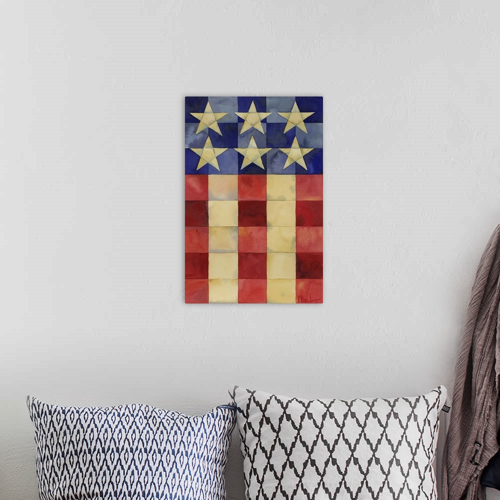 A bohemian room featuring Painting of a simplified American flag done in a style reminiscent of traditional piece quilting.