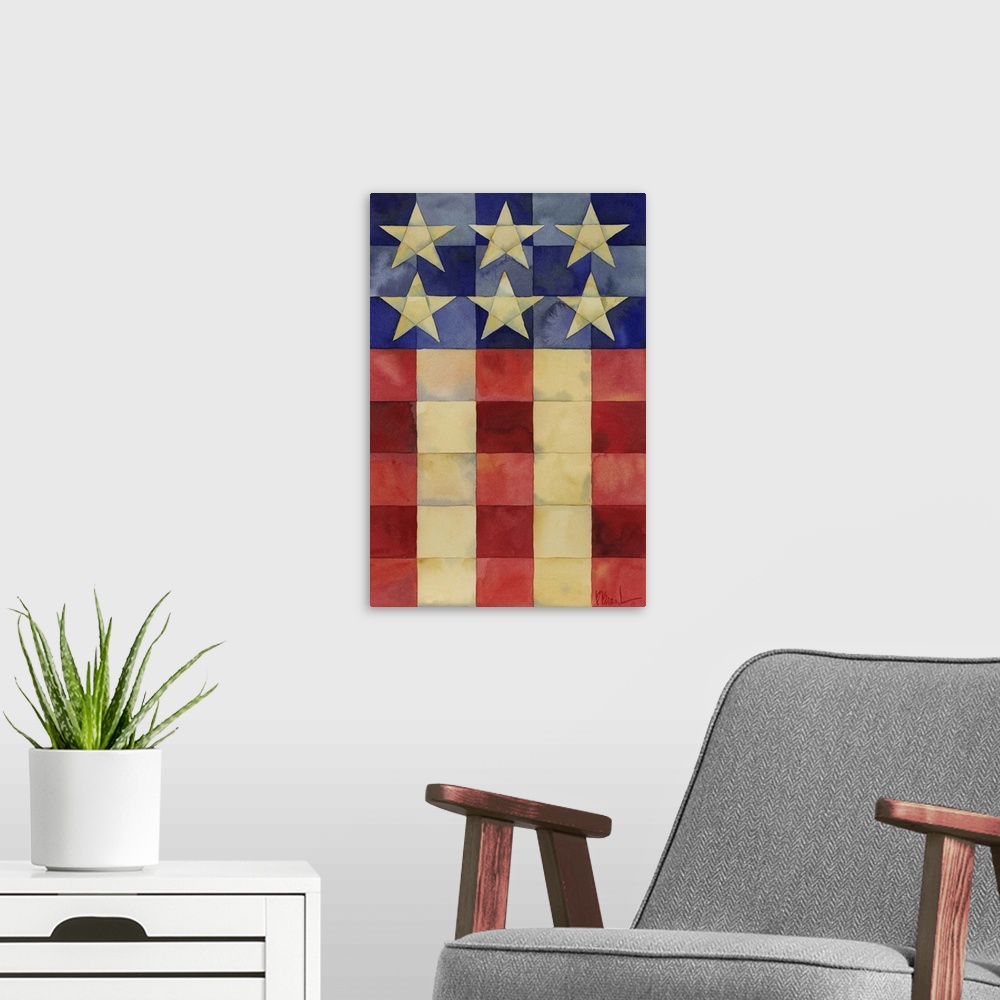 A modern room featuring Painting of a simplified American flag done in a style reminiscent of traditional piece quilting.