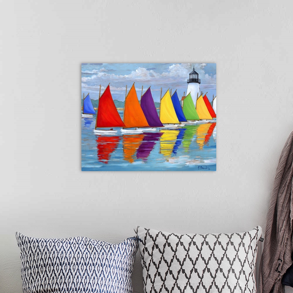 A bohemian room featuring Contemporary painting of a row of multi-colored sailboats on the water, near a lighthouse.