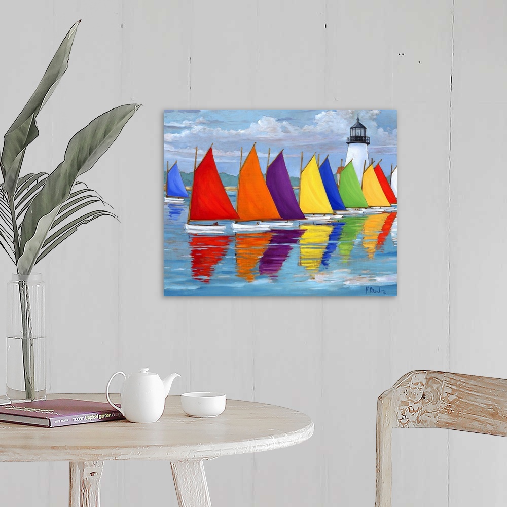 A farmhouse room featuring Contemporary painting of a row of multi-colored sailboats on the water, near a lighthouse.