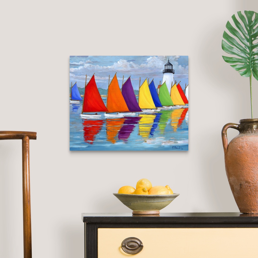 A traditional room featuring Contemporary painting of a row of multi-colored sailboats on the water, near a lighthouse.