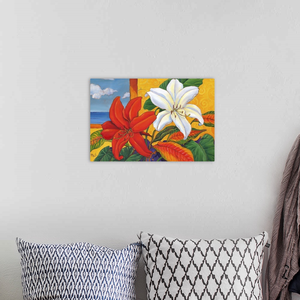 A bohemian room featuring Still life painting of an arrangement of lilies and leaves.
