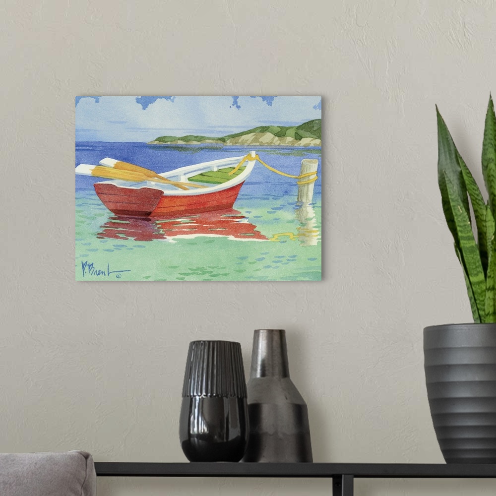 A modern room featuring Contemporary painting of a single red rowboat tied to a post in the water.