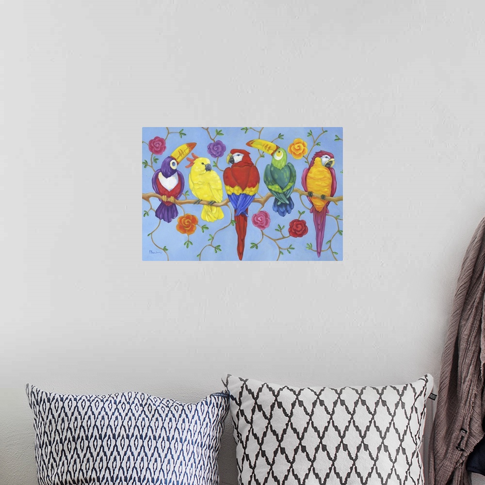 A bohemian room featuring Painting of five tropical birds including macaws, toucans, and a cockatoo, on a branch, decorated...