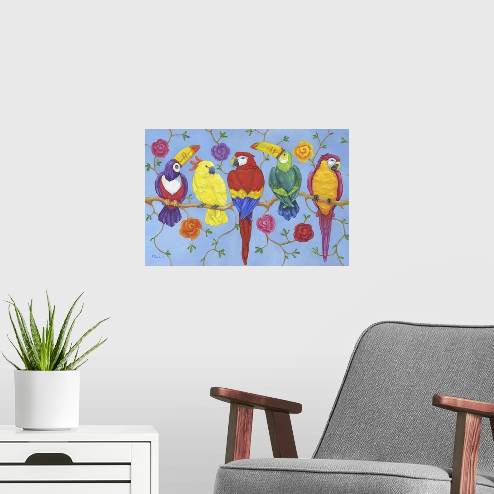 A modern room featuring Painting of five tropical birds including macaws, toucans, and a cockatoo, on a branch, decorated...