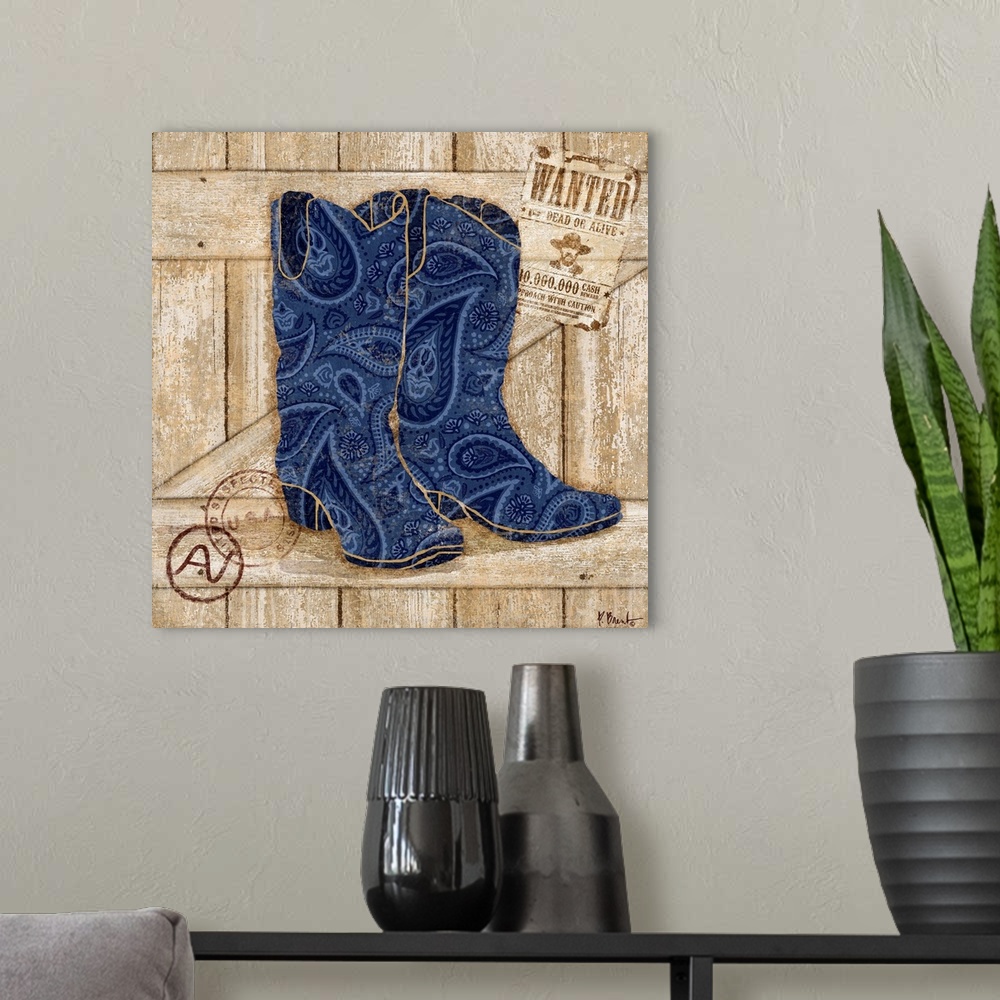 A modern room featuring Paisley patterned blue cowboy boots with cattle brands.