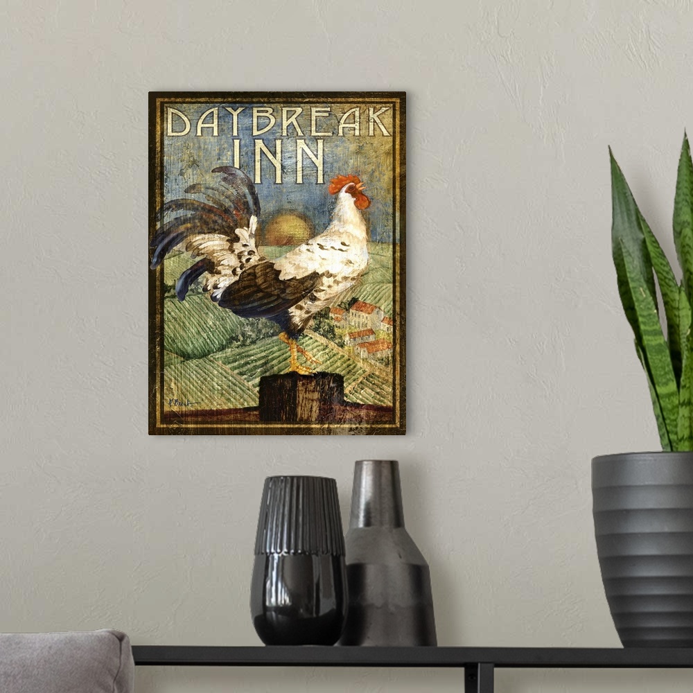 A modern room featuring Rustic-style sign for a farm with a crowing rooster and the words Daybreak Inn.