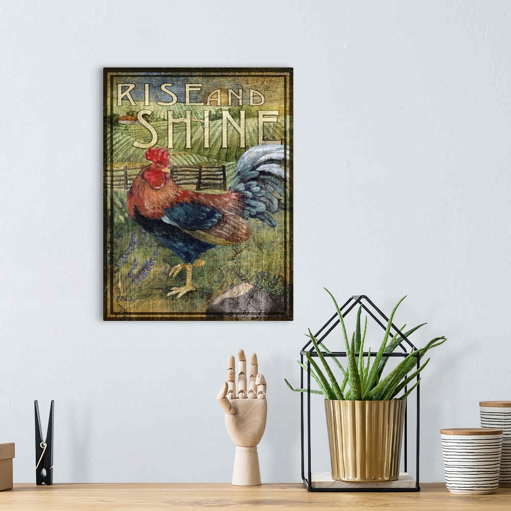 A bohemian room featuring Rustic-style sign for a farm with a strutting rooster and the words Rise and Shine.