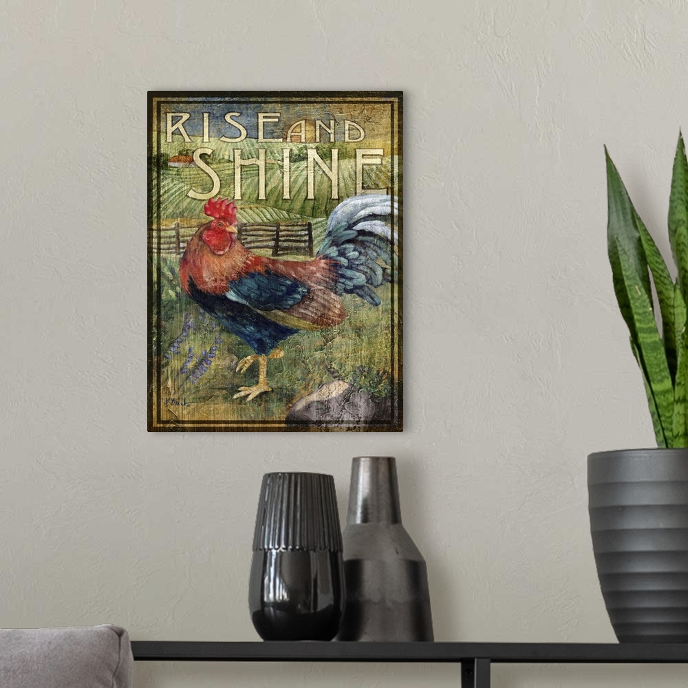 A modern room featuring Rustic-style sign for a farm with a strutting rooster and the words Rise and Shine.