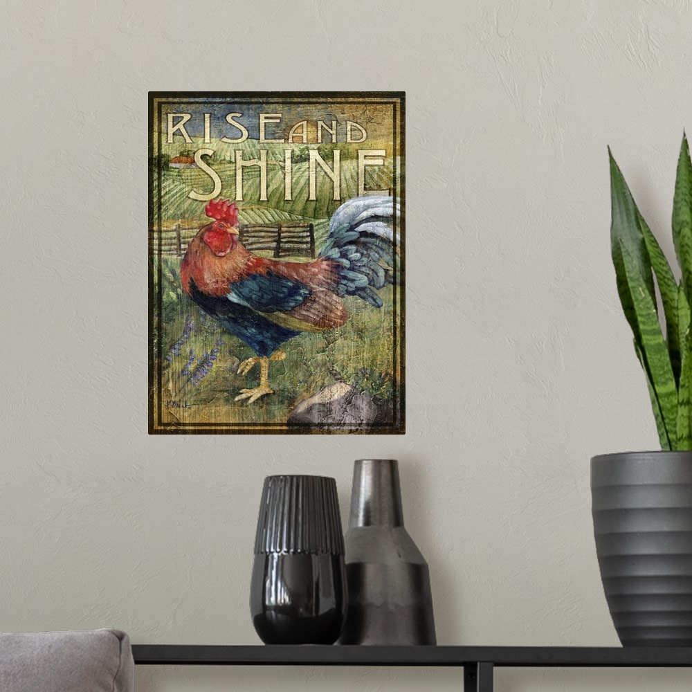 A modern room featuring Rustic-style sign for a farm with a strutting rooster and the words Rise and Shine.