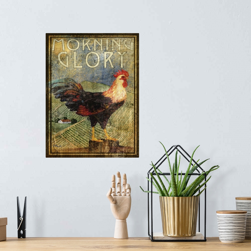 A bohemian room featuring Rustic-style sign for a farm with a rooster and the words Morning Glory.