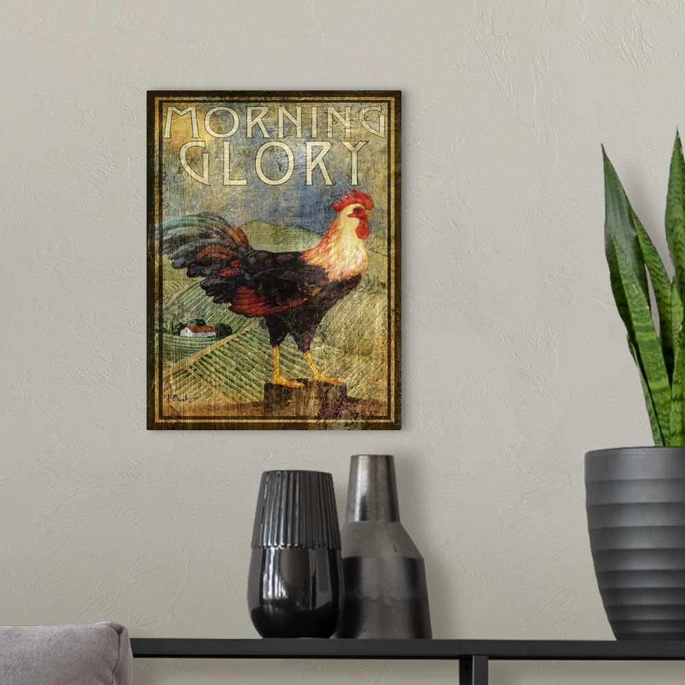 A modern room featuring Rustic-style sign for a farm with a rooster and the words Morning Glory.