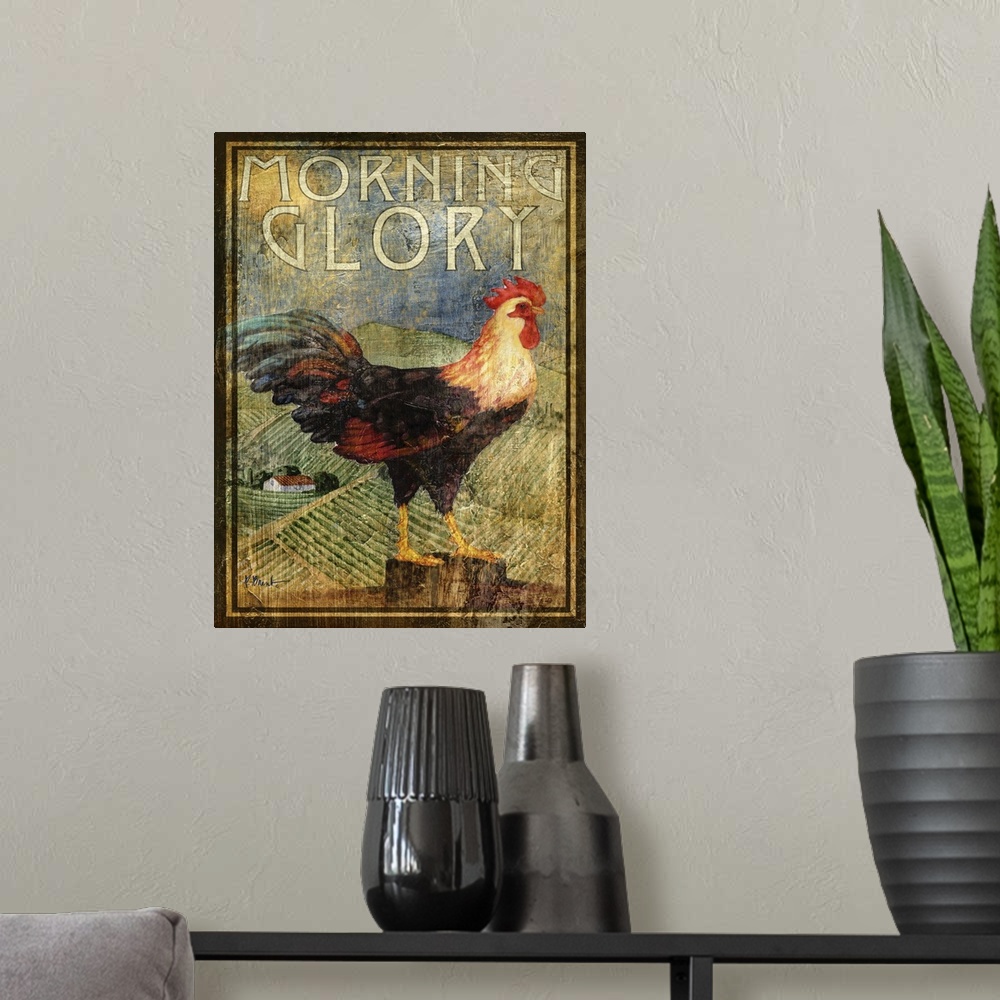 A modern room featuring Rustic-style sign for a farm with a rooster and the words Morning Glory.