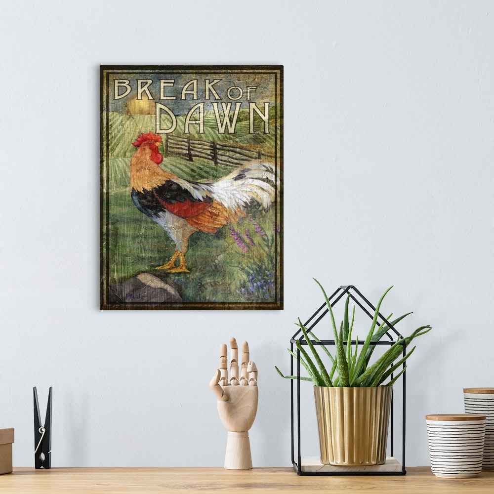 A bohemian room featuring Rustic-style sign for a farm with a strutting rooster and the words Break of Dawn.