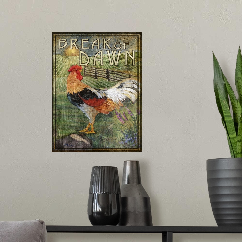 A modern room featuring Rustic-style sign for a farm with a strutting rooster and the words Break of Dawn.