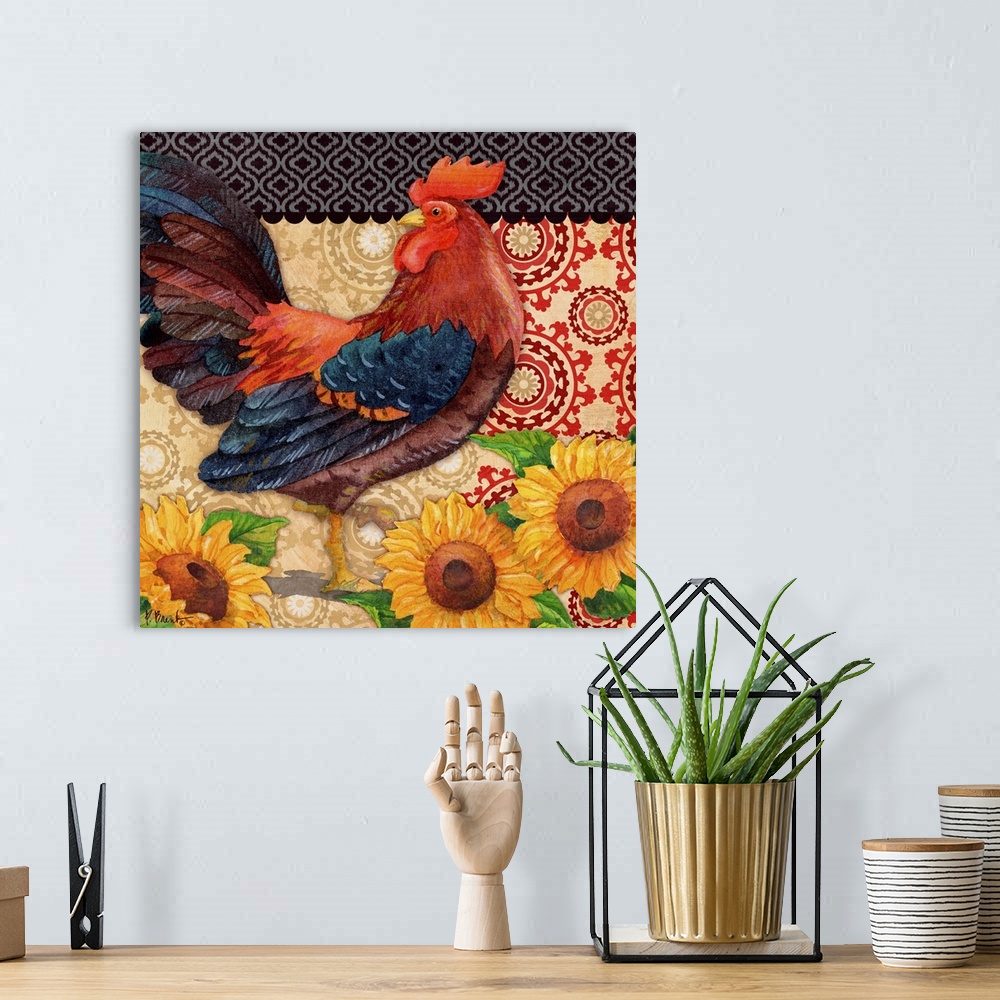 A bohemian room featuring Decorative panel of a rooster with sunflowers and batik patterns.